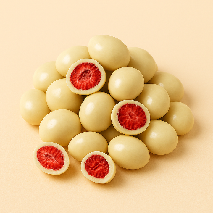 Gevriesdroogde aardbeien in yoghurtchocolade
